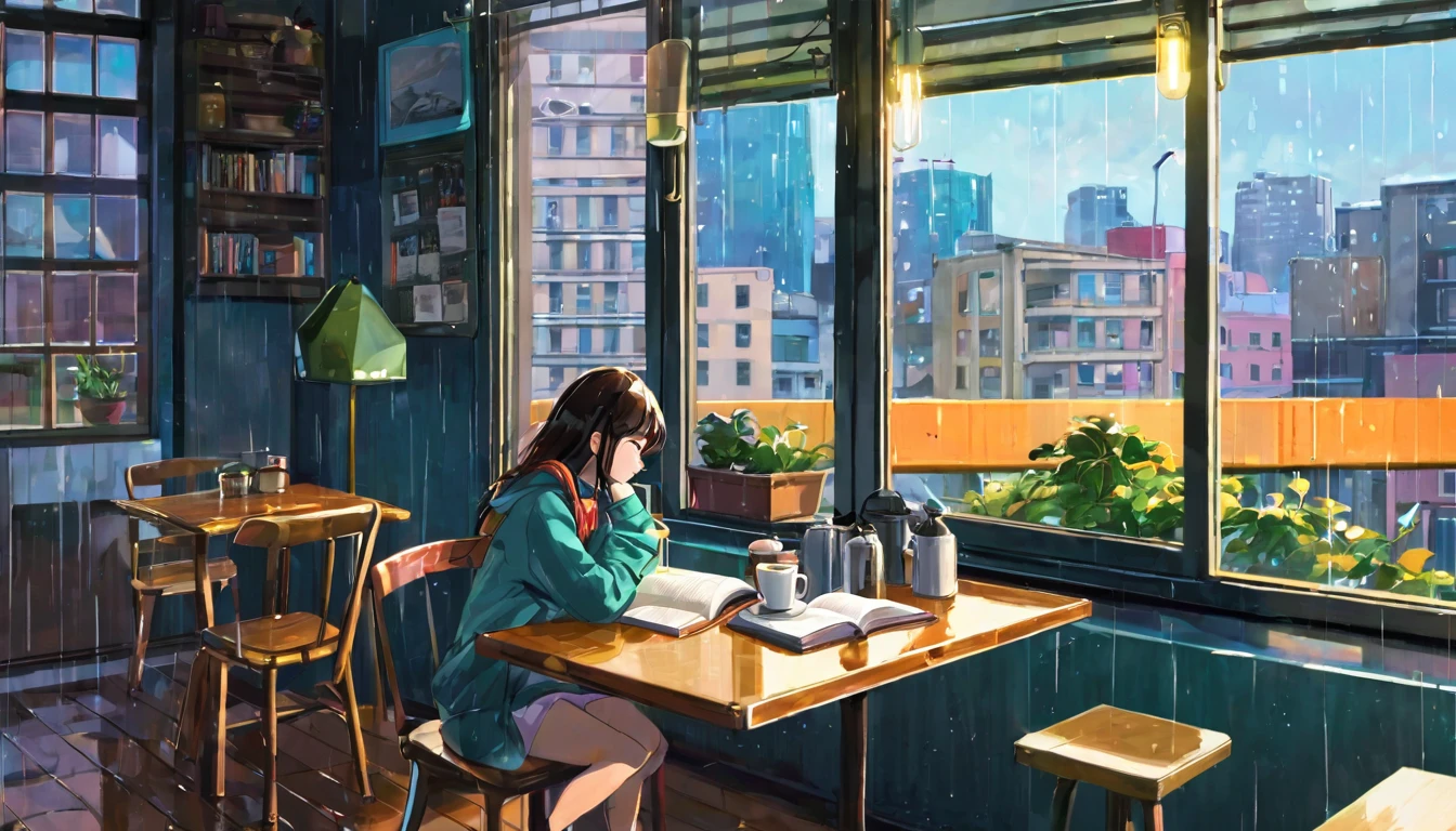 An illustration of a girl studying in an anime-style urban cafe. She sits by the window, concentrating on reading a book while feeling the hustle and bustle of the city outside. Her expression is focused, but also reflects a certain loneliness. The interior of the cafe is cozy, with a coffee cup and a book on the table. Outside the window, it is raining. You can see the city lights and distant buildings. This scene expresses the diverse emotions and tranquility of city life.