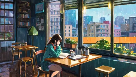 an illustration of a girl studying in an anime-style urban cafe. she sits by the window, concentrating on reading a book while f...