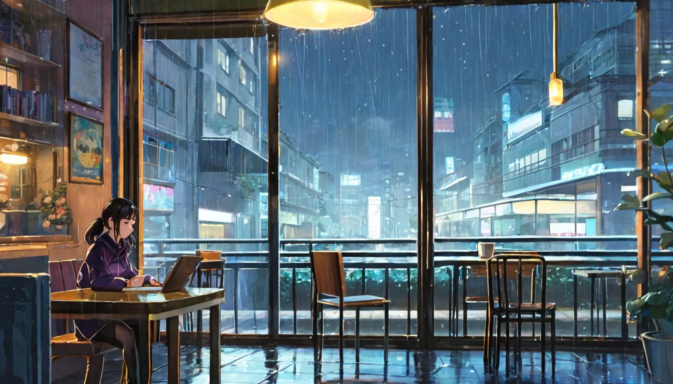 An illustration of a girl studying in an anime-style urban cafe. She sits by the window, concentrating on reading a book while feeling the hustle and bustle of the city outside. Her expression is focused, but also reflects a certain loneliness. The interior of the cafe is cozy, with a coffee cup and a book on the table. Outside the window, it is raining. You can see the city lights and distant buildings. This scene expresses the diverse emotions and tranquility of city life.