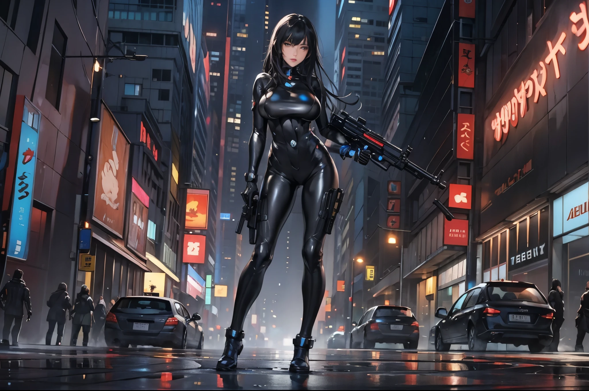 1girl, long hair, breasts, looking at viewer, bangs, large breasts, black hair, holding, standing, full body, weapon, outdoors, solo focus, holding weapon, lips, gun, bodysuit, night, holding gun, skin tight, handgun, black bodysuit, cyberpunk, latex bodysuit