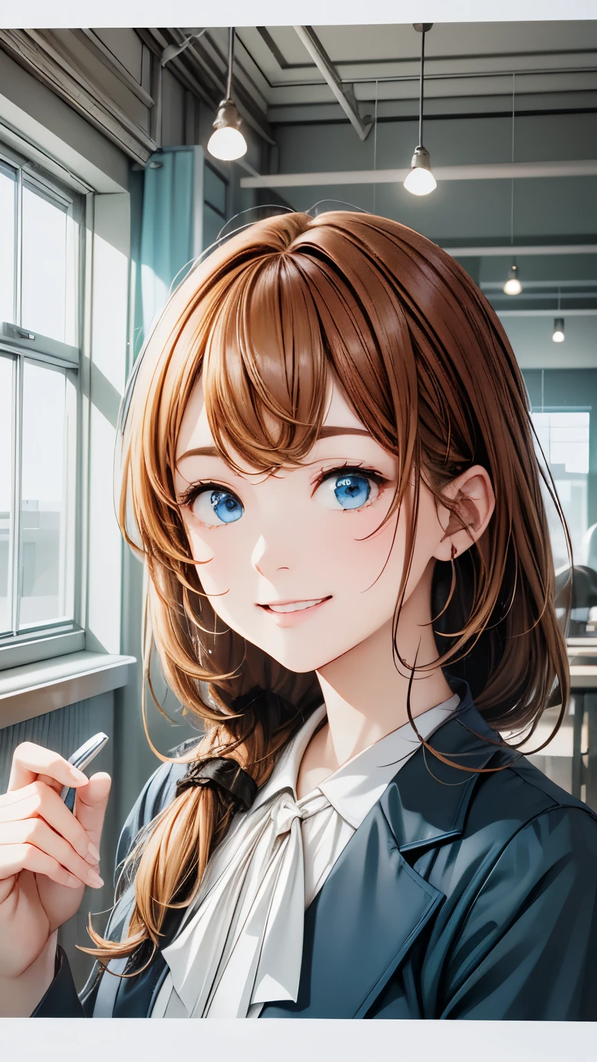 High resolution、High resolution、high quality、masterpiece、1 female、Ellen Baker、School teacher、blonde、blue eyes、Light blue suit、School classroom、Cute pose、blackboard、smile、((Depiction of only the upper body))、((Close-up of a woman))