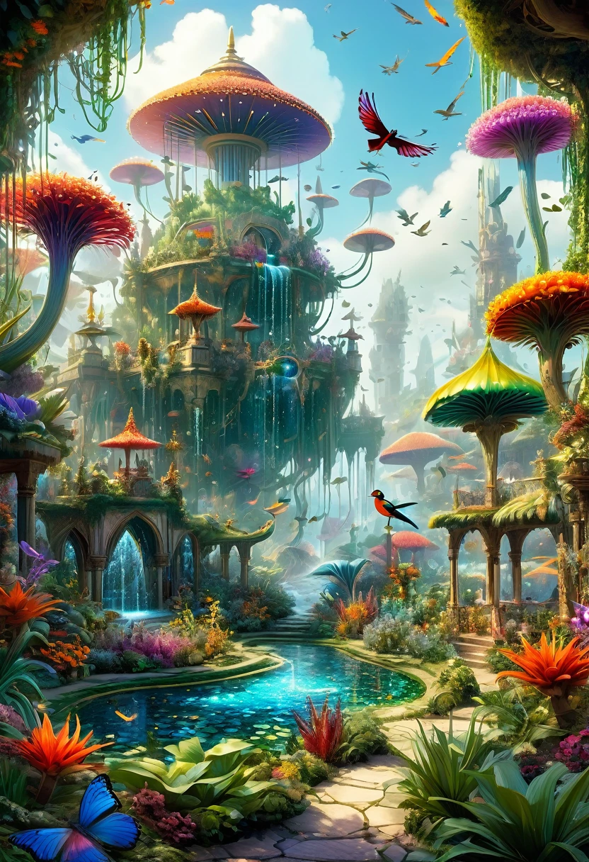 
A hyper-detailed, intricate scene set in an expansive, fantastical garden. Every inch of the image is filled with a myriad of elements: exotic plants with vivid flowers, intricate fountains with water flowing in mesmerizing patterns, and various magical creatures like fairies, dragons, and unicorns interacting harmoniously. Tiny insects with iridescent wings buzz around, and the ground is covered in a mosaic of colorful pebbles and crystals. In the sky, flocks of birds and floating islands can be seen. The level of detail is astonishing, with every leaf, feather, and droplet of water meticulously depicted, creating a rich and immersive visual experience.