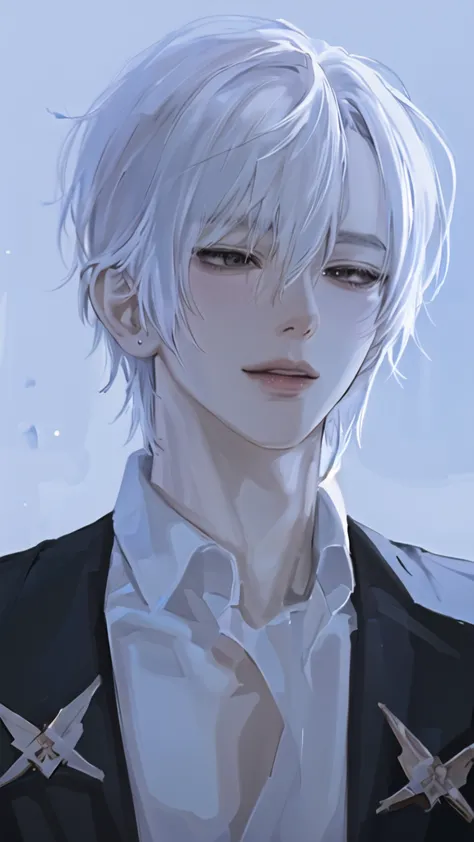 anime boy with white hair and black jacket , boy with white hair, detailed portrait of anime girl, from the front line of boy, s...