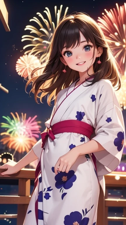 alone, Pure Happiness, Very detailed, (Realistic, Realistic:1.0), Vibrant colors, (((Night festival background))), Cute and selfish girl，Wicked Smile, Flat Chest, skinny, Very slim legs, anorexia, ((young)), Cute fireworks pattern yukata， Black Hair, Looking down at the viewer, ((From below)), Hair Ribbon, Written boundary depth, Cinema Lighting, Bokeh, masterpiece, Anatomically correct, (close)，Fireworks at night，Big Fireworks Festival，