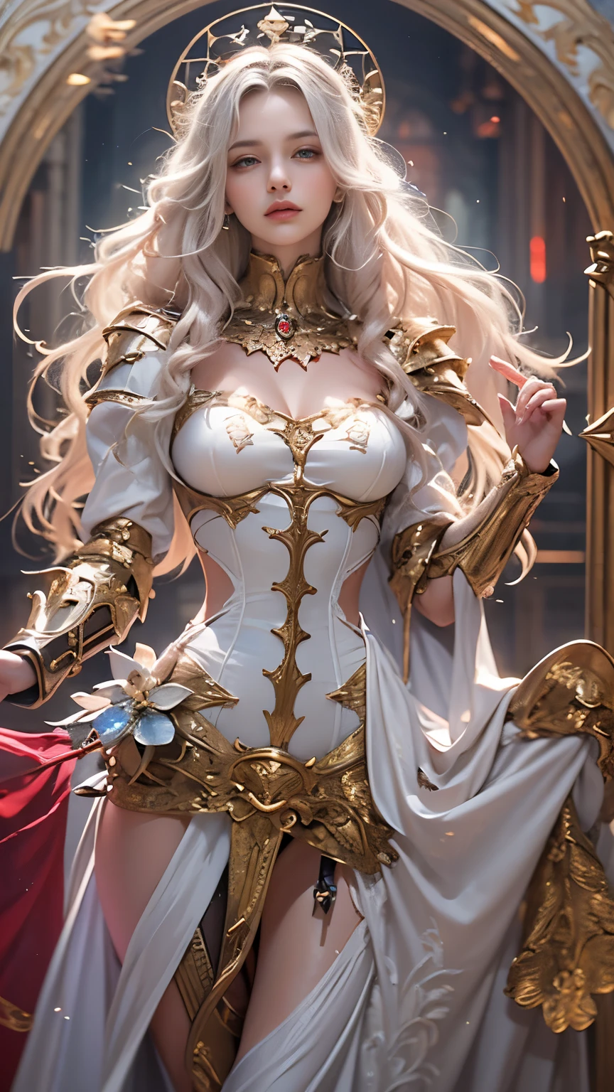 8K resolution, masterpiece, Highest quality, Award-winning works, unrealistic, sole sexy lady, healthy shaped body, 25 years old, white wavy long hair, hair band, big firm bouncing bust, ancient roman military commander's armor, Pure white armor with a complex structure, royal coat of arms, excalibur, elegant, Very detailed, Digital Painting, artステーション, コンセプトart, Smooth, Sharp focus, shape, artジャム、Greg Rutkowski、Alphonse Mucha、William Adolphe Bouguereau、art：Stephanie Law , Magnificent royal background, Royal Jewel, nature, Full Shot, Symmetric, Greg Rutkowski, Charlie Bowwater, beep, Unreal 5, Surreal, Dynamic Lighting, ファンタジーart, Complex colors, Colorful magic circle, flash,  dynamic sexy poses