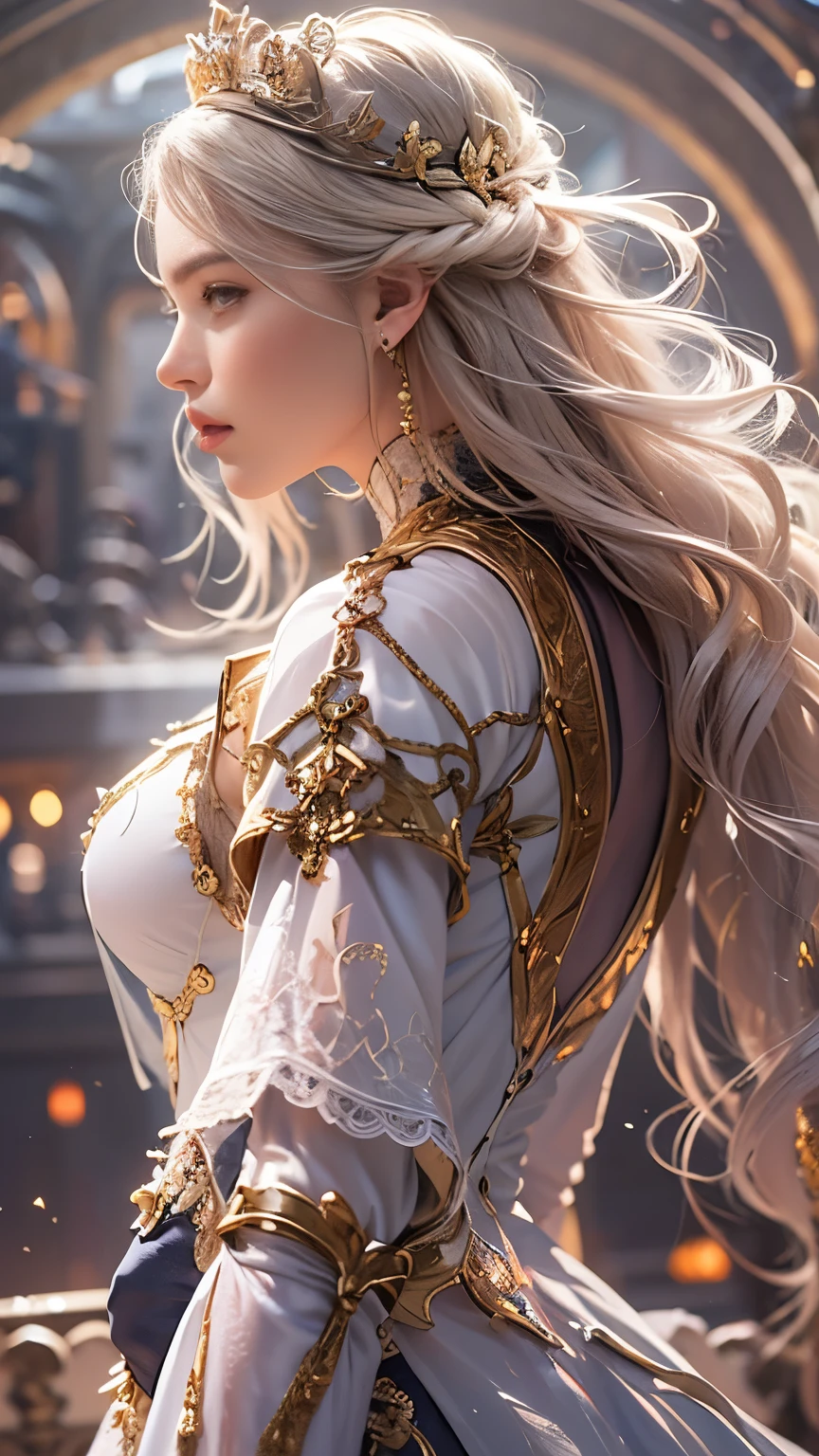 8K resolution, masterpiece, Highest quality, Award-winning works, unrealistic, sole sexy lady, healthy shaped body, 25 years old, white wavy long hair, hair band, big firm bouncing bust, ancient roman military commander's armor, Pure white armor with a complex structure, royal coat of arms, excalibur, elegant, Very detailed, Digital Painting, artステーション, コンセプトart, Smooth, Sharp focus, shape, artジャム、Greg Rutkowski、Alphonse Mucha、William Adolphe Bouguereau、art：Stephanie Law , Magnificent royal background, Royal Jewel, nature, Full Shot, Symmetric, Greg Rutkowski, Charlie Bowwater, beep, Unreal 5, Surreal, Dynamic Lighting, ファンタジーart, Complex colors, Colorful magic circle, flash,  dynamic sexy poses