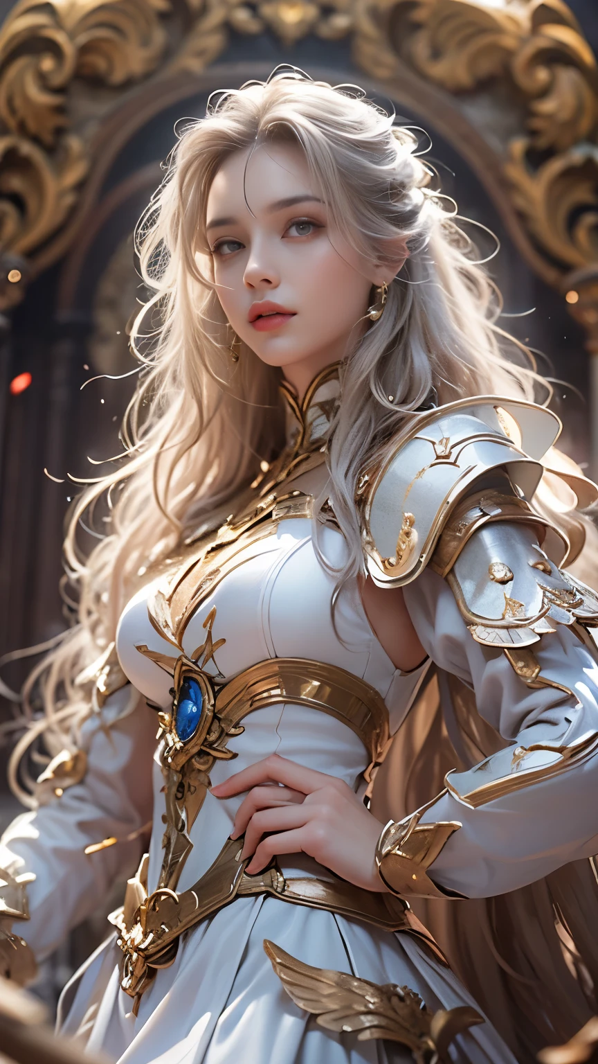 8K resolution, masterpiece, Highest quality, Award-winning works, unrealistic, sole sexy lady, healthy shaped body, 25 years old, white wavy long hair, hair band, big firm bouncing bust, ancient roman military commander's armor, Pure white armor with a complex structure, royal coat of arms, excalibur, elegant, Very detailed, Digital Painting, artステーション, コンセプトart, Smooth, Sharp focus, shape, artジャム、Greg Rutkowski、Alphonse Mucha、William Adolphe Bouguereau、art：Stephanie Law , Magnificent royal background, Royal Jewel, nature, Full Shot, Symmetric, Greg Rutkowski, Charlie Bowwater, beep, Unreal 5, Surreal, Dynamic Lighting, ファンタジーart, Complex colors, Colorful magic circle, flash,  dynamic sexy poses