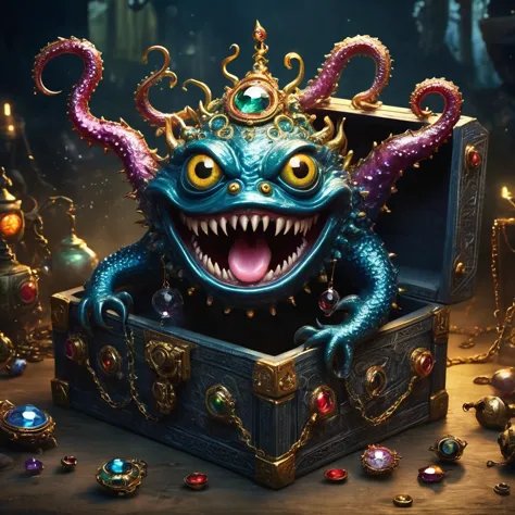 (masterpiece, best quality:1.2), dark，fear，imitate，suspension，strange open lid box monster full of jewels - one eye - sharp teet...