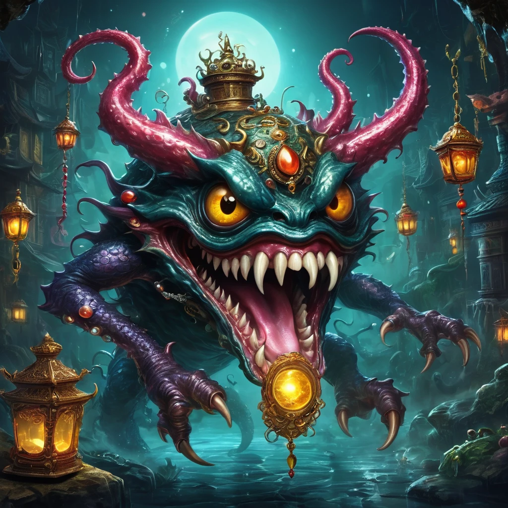 (masterpiece, best quality:1.2), dark，Fear，imitate，Suspension，Strange open lid box monster full of jewels - one eye - sharp teeth - ugly - long tongue，Long tentacles，Scattered jewelry,Greedy should be open, Reveals a big, Weird tongue and nasty teeth. 