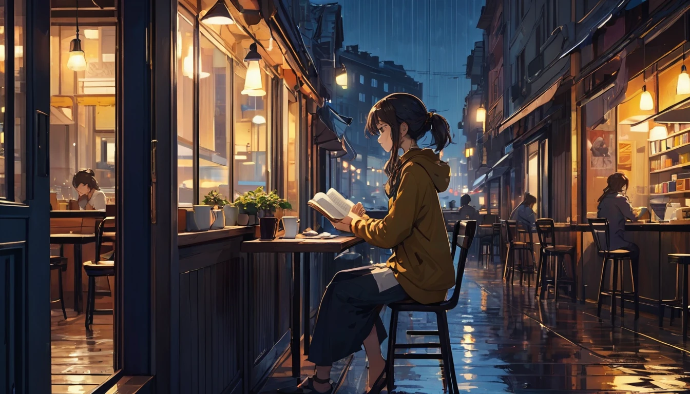 An illustration of a girl studying in an anime-style urban cafe. She sits by the window, concentrating on reading a book while feeling the hustle and bustle of the city outside. Her expression is focused, but also reflects a certain loneliness. The interior of the cafe is cozy, with a coffee cup and a book on the table. Outside the window, it is raining. You can see the city lights and distant buildings. This scene expresses the diverse emotions and tranquility of city life.