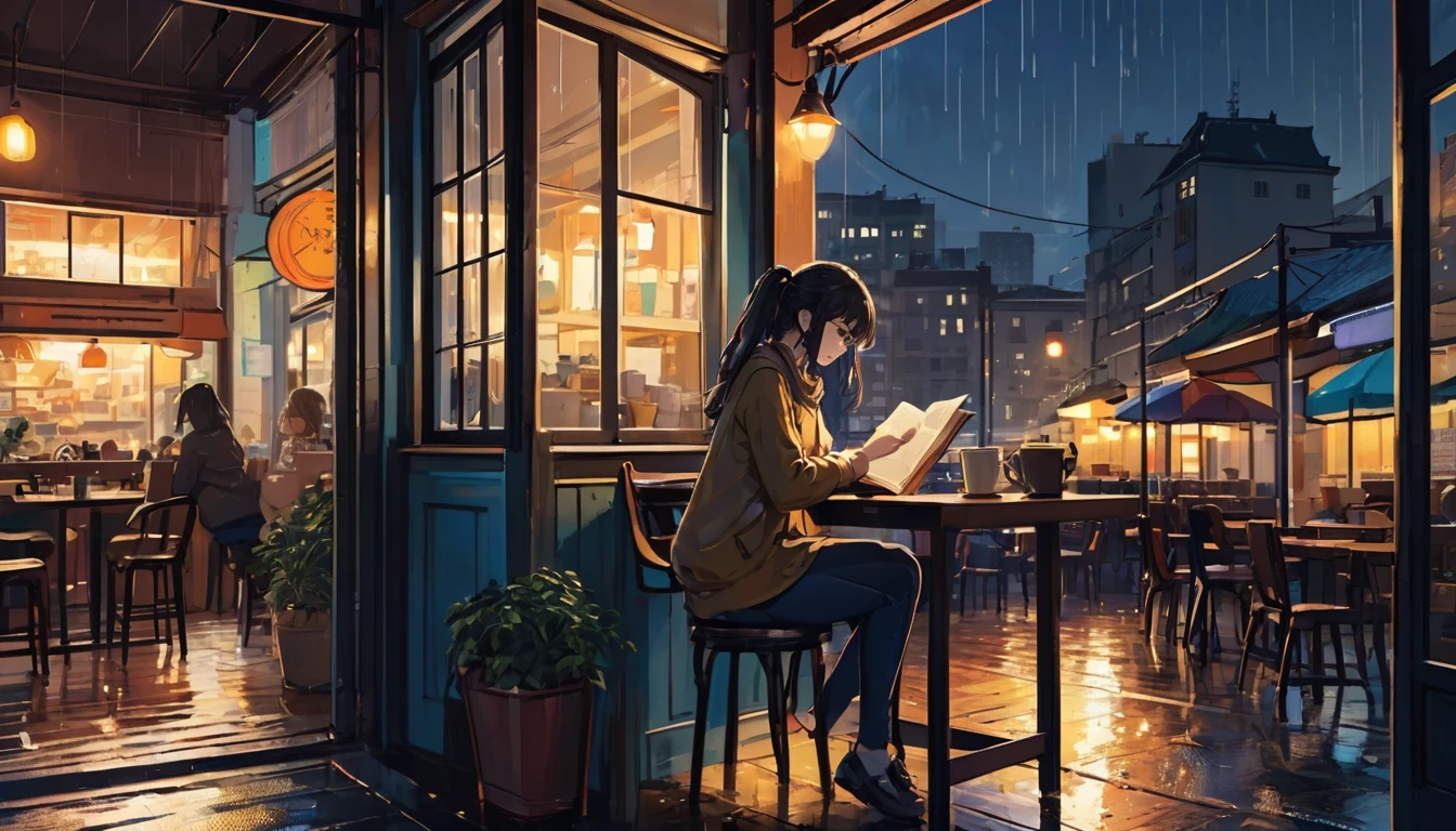 An illustration of a girl studying in an anime-style urban cafe. She sits by the window, concentrating on reading a book while feeling the hustle and bustle of the city outside. Her expression is focused, but also reflects a certain loneliness. The interior of the cafe is cozy, with a coffee cup and a book on the table. Outside the window, it is raining. You can see the city lights and distant buildings. This scene expresses the diverse emotions and tranquility of city life.