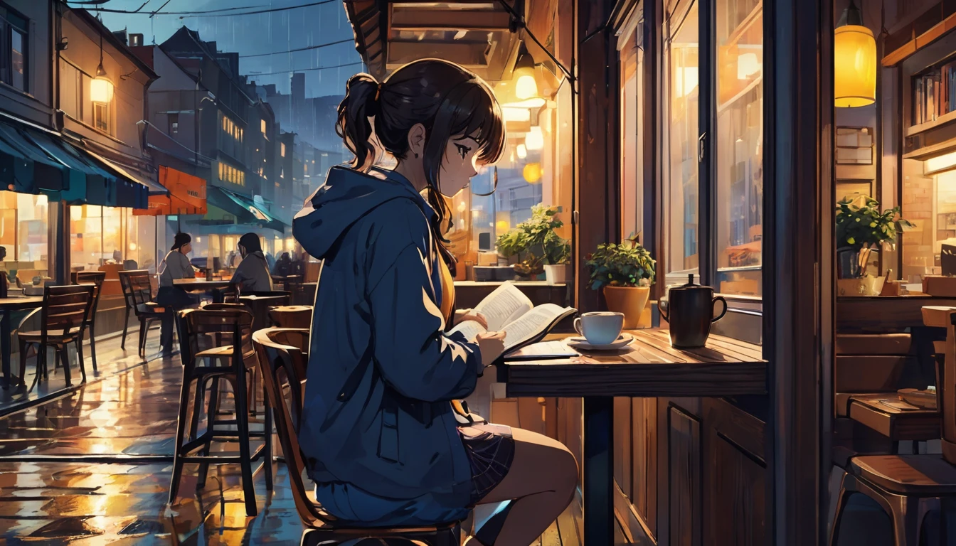 An illustration of a girl studying in an anime-style urban cafe. She sits by the window, concentrating on reading a book while feeling the hustle and bustle of the city outside. Her expression is focused, but also reflects a certain loneliness. The interior of the cafe is cozy, with a coffee cup and a book on the table. Outside the window, it is raining. You can see the city lights and distant buildings. This scene expresses the diverse emotions and tranquility of city life.