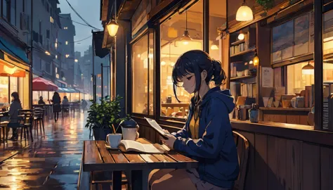 an illustration of a girl studying in an anime-style urban cafe. she sits by the window, concentrating on reading a book while f...