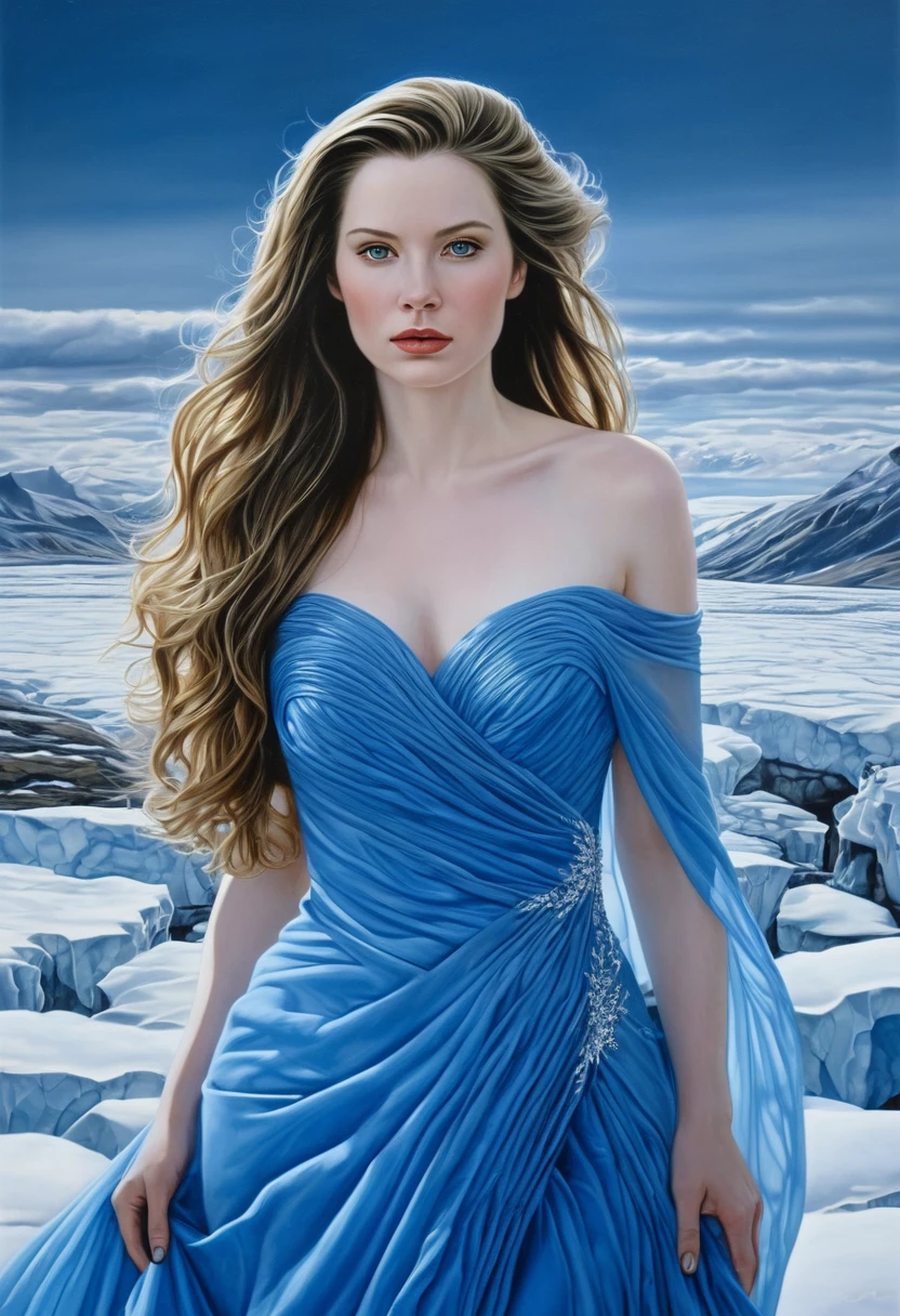 A beautiful woman in a blue dress and long hair, Her intense gaze and pale skin contrast with the cold ice landscape that surrounds her.. The detail in her dress and hair is impressive., Every fold and strand of hair is meticulously rendered in this hyper-realistic work of art..