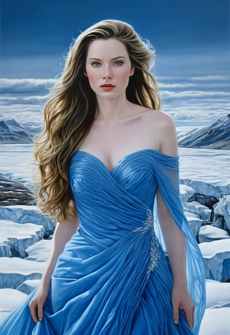 A beautiful woman in a blue dress and long hair, Her intense gaze and pale skin contrast with the cold ice landscape that surrou...