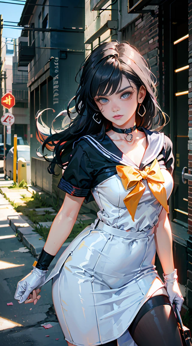 (La mejor calidad,A high resolution,Ultra - detallado,actual),Selena Gomez, (masterpiece, best quality;1.3), very detailed CG, very detailed, 1 girl, alone, laugh, looking at viewer, stylish angle, blonde long hair,blue eyes, sv1, Sailor Sensi Uniform, Orange skirt, elbow bag, tiara, Orange Sailor Color, red bow, Orange Choker, white gloves, bijouterie, from above,,(Fondo de ruinas de mazmorra en ruinas cyberpunk :1.4 ) I have a lot of heart, face focus,venus,hurricane,abstract background, galaxy background,(Sailor Venus:1.4), (Sailor Venus V2.1), ,(Fondo de ruinas de mazmorra en ruinas piedras grandes cyberpunk :1.4 ),(perfect anatomy :1.4), (cinematic lighting :1.4),( dynamic cowboy pose), (fondo lluvia cayendo nublado tenebroso :1.4), (Selena Gomez :1.4), (Selena Gomez V2.1),( dedos detailed :1.4), huge 