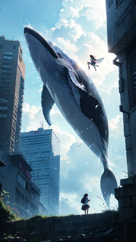 absurdres, (a whale flying between skyscrapers:1.2),only the huge tail fin is visible, amazing person々, heavy rain, storm, cloud...