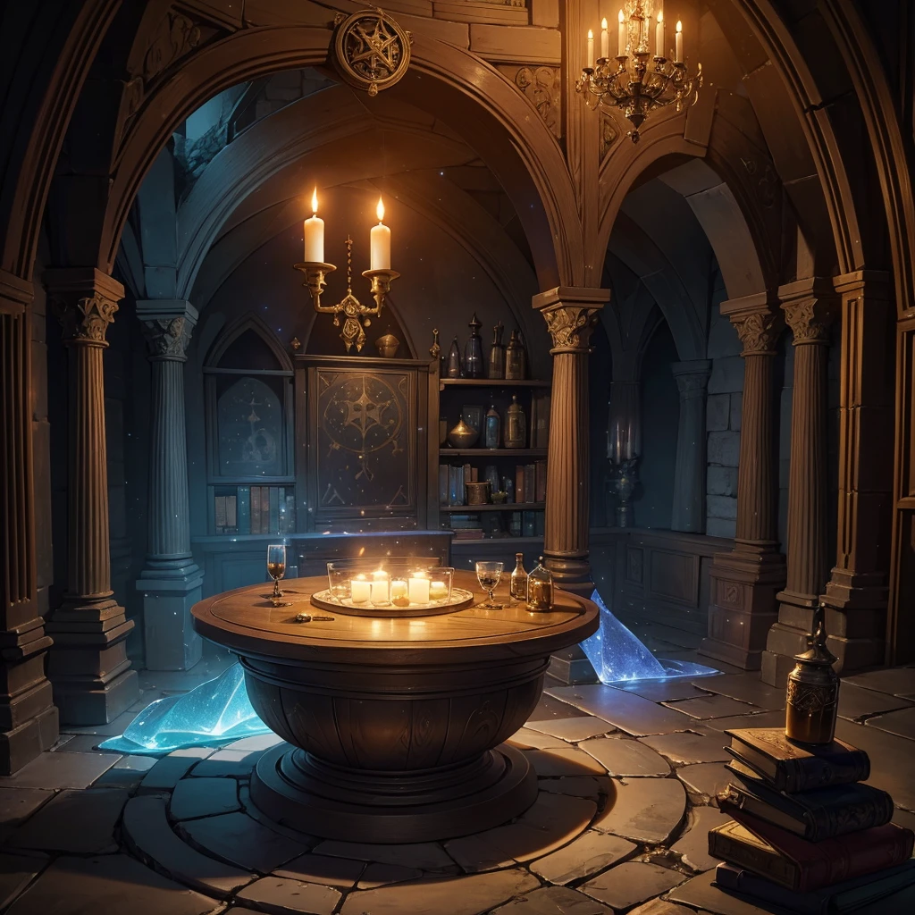 Imagine a medieval wizard's chamber steeped in mystical ambiance, filled with arcane artifacts and shelves lined with colorful potions bubbling in glass vials. Picture a large, weathered oak table at the room's center, adorned with ancient tomes bound in leather and scattered with alchemical tools. The air is thick with the scent of herbs and incense, while soft candlelight flickers, casting dancing shadows on the stone walls adorned with celestial maps and mystical sigils. Capture the essence of wizardry and enchantment in this atmospheric setting, where each potion glows with its own magical allure, waiting to be brewed or used in arcane rituals