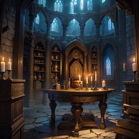 imagine a medieval wizard's chamber steeped in mystical ambiance, filled with arcane artifacts and shelves lined with colorful p...