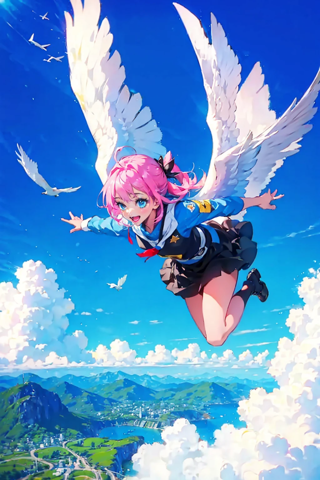 1girl,solo,cute,she has wings,brilliant sky,blue sky,sunshine,flying to sky