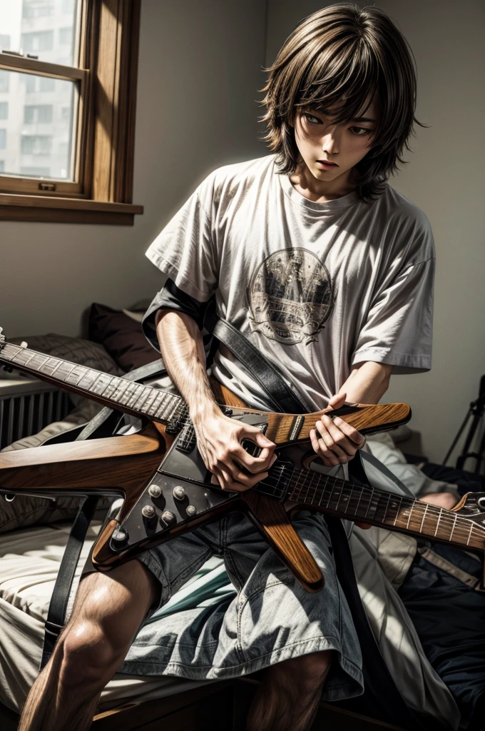 anime, masterpiece, best quality, (illustration:1.2), (hyper detailed:1.5), ultra high res, modern teenager room, morning sun from window, 1jesus christ standing on a bed playing an oldschool rock and roll guitar, wearing a white oversized tshirt, dynamic camera angle