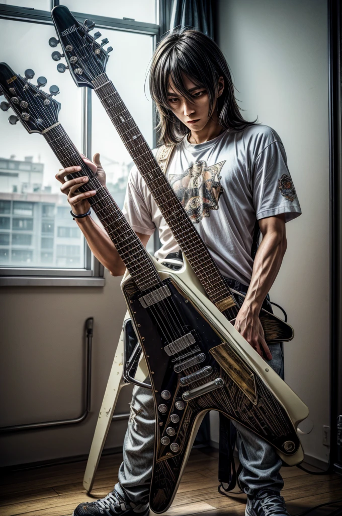 anime, masterpiece, best quality, (illustration:1.2), (hyper detailed:1.5), ultra high res, modern teenager room, morning sun from window, 1jesus christ standing on a bed playing an oldschool rock and roll guitar, wearing a white oversized tshirt, dynamic camera angle