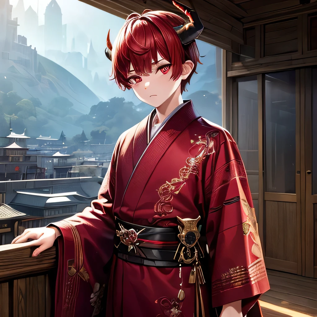 (masterpiece, top quality, best quality, official art, aesthetic:1.2), (1boy), boy, extremely detailed,(fractal art:1.2), highest detailed, wallpaper, ((predator pupils,red eyes)), short comma haircut, red hair, (black horns, horns towards the bangs), yukata outfit, (cowboy shot), in rooftop school, looking out