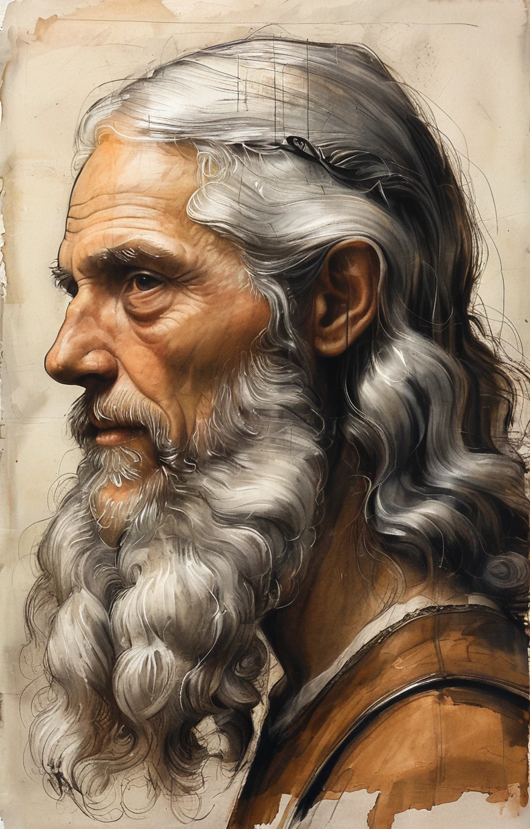 I make lots of sketches and notes in my room.,Gray Hair,Long Hair,back view of old man