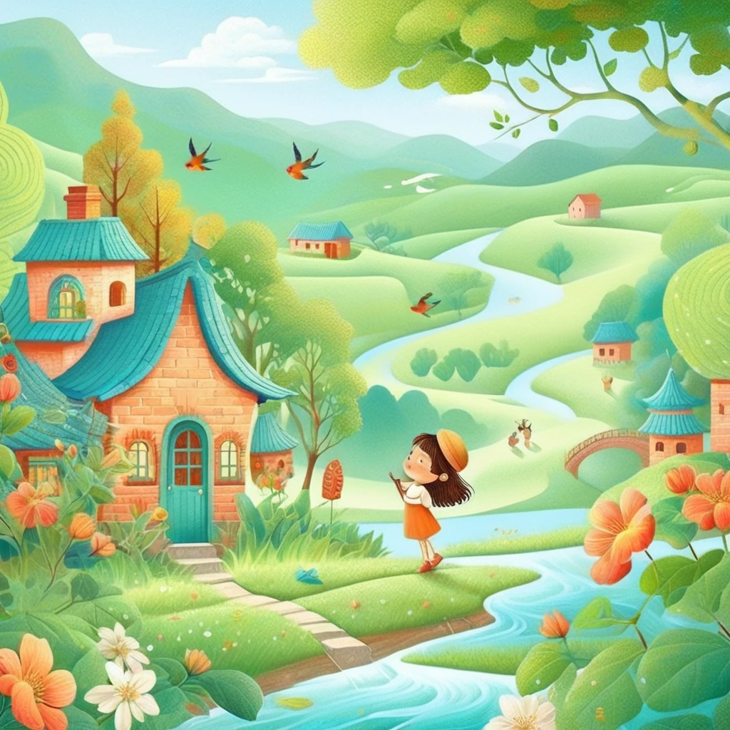 Digital illustration art, a comical illustration of a little girl adorned with many houses, trees, roots, a little swallow, etc. on her head. Her hair is composed of many houses and trees, and the background is green trees and hills (the background blends with the little girl's hair). Surrounded on both sides, it evokes the charm of a charming rural landscape. White background, the whimpering sound of Chinese calligraphy, vivid Ferdinand du Puigaudeau, Victor nizovtsev, retro tones, sparkling, reflective, best number, 8K, high-definition, high-resolution, dual exposure, beautiful digital illustrations,