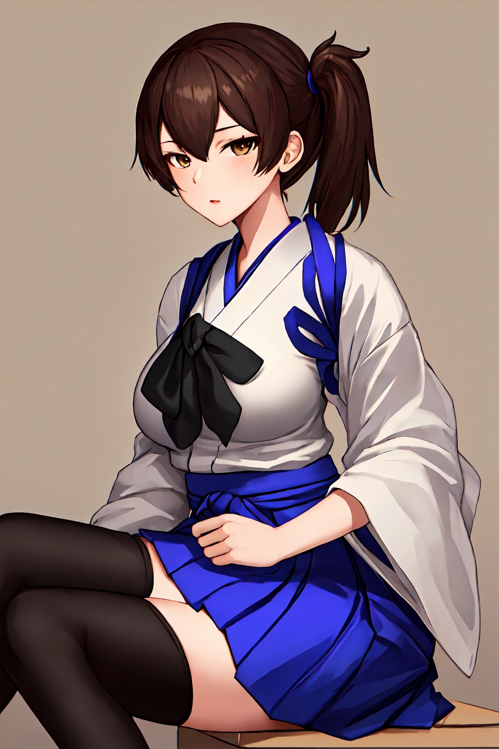 best quality, masterpiece, highres, solo, {kaga_kantaicollection:1.15}, brown_hair, side_ponytail, brown_eyes, short_hair, breasts, long_hair, 1girl, hakama, hakama_skirt, japanese_clothes, skirt, tasuki, hakama_short_skirt, blue_hakama, looking_at_viewer, muneate, simple_background, black_thighhighs, large_breasts, sitting, thighhighs