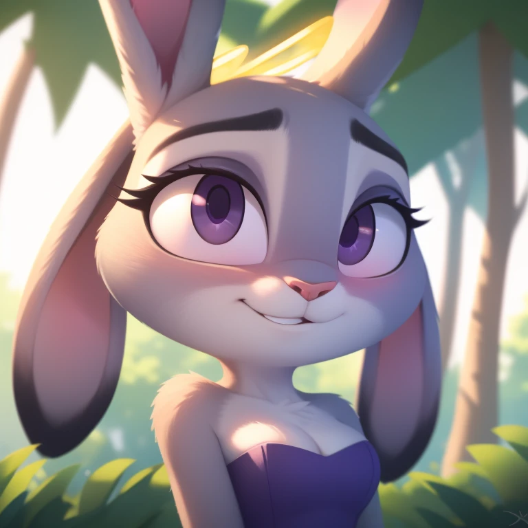 Judy Hopps, vestido ajustado sin tirantes, escote, halo, Gafas de sol, joyas, ojos morados, pestañas largas, ojos morados, sonrisa, tímido, rubor, alto detalle, Obra maestra, uhd, anatómicamente correcto, súper detalle, alta resolución, 4k