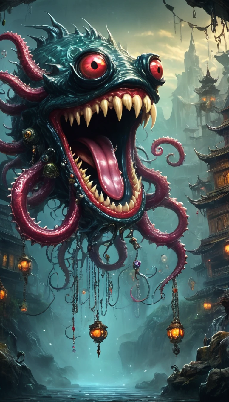 (masterpiece, best quality:1.2), dark，Fear，imitate，Suspension，Box Monster Full of Jewels - One Eye - Sharp Teeth - Ugly - Long Tongue，Long tentacles，Scattered jewelry,Greedy should be open, Reveals a big, Weird tongue and nasty teeth. 