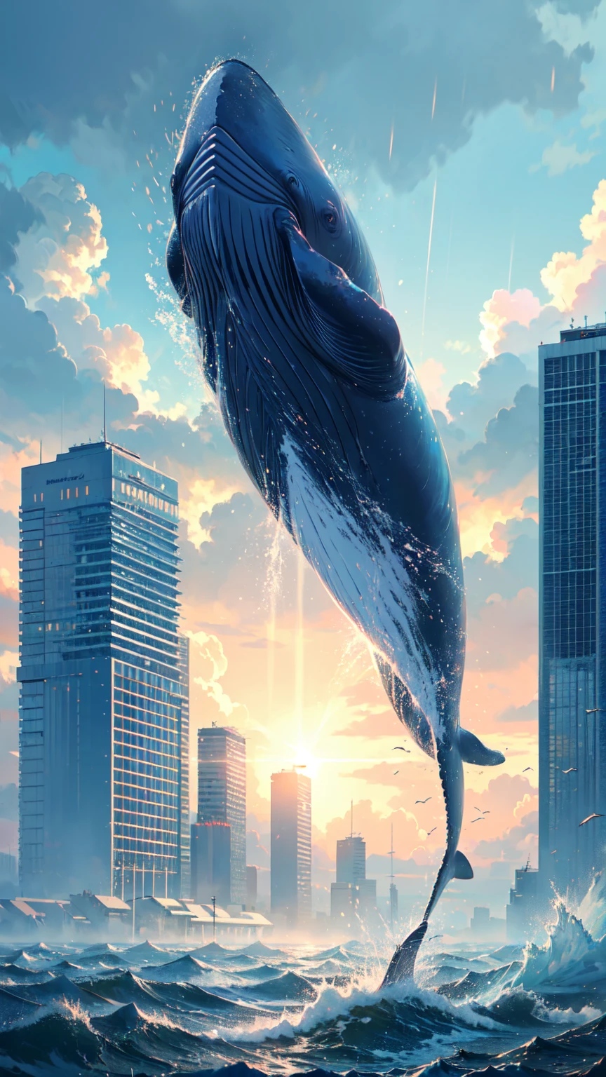 absurdres, (A whale flying between skyscrapers:1.2),Only the huge tail fin is visible, Amazing person々, Heavy Rain, storm, Cloudy, darkness, storm, Vision, Mysterious Clouds, cliff,Thick Fog,Thick Fog, forest,  wood, Only light from the window, Poor visibility, Whale, Monster, flying, simple, flat desinge, 