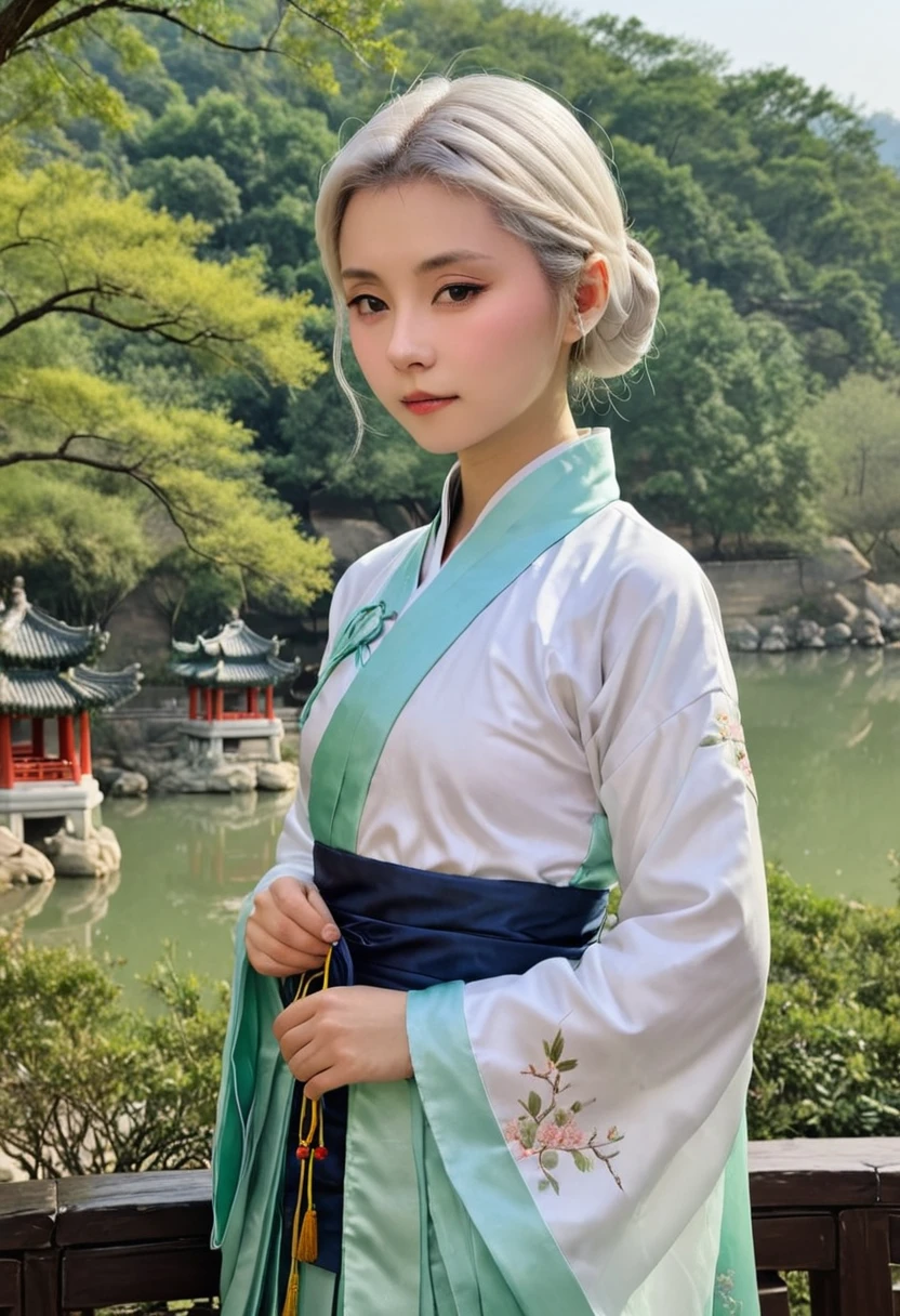 穿著中國傳統漢服的中學生真實形象, 白色短发,  數位, 站在寧靜的戶外環境中, 寫實風格, 非常詳細
