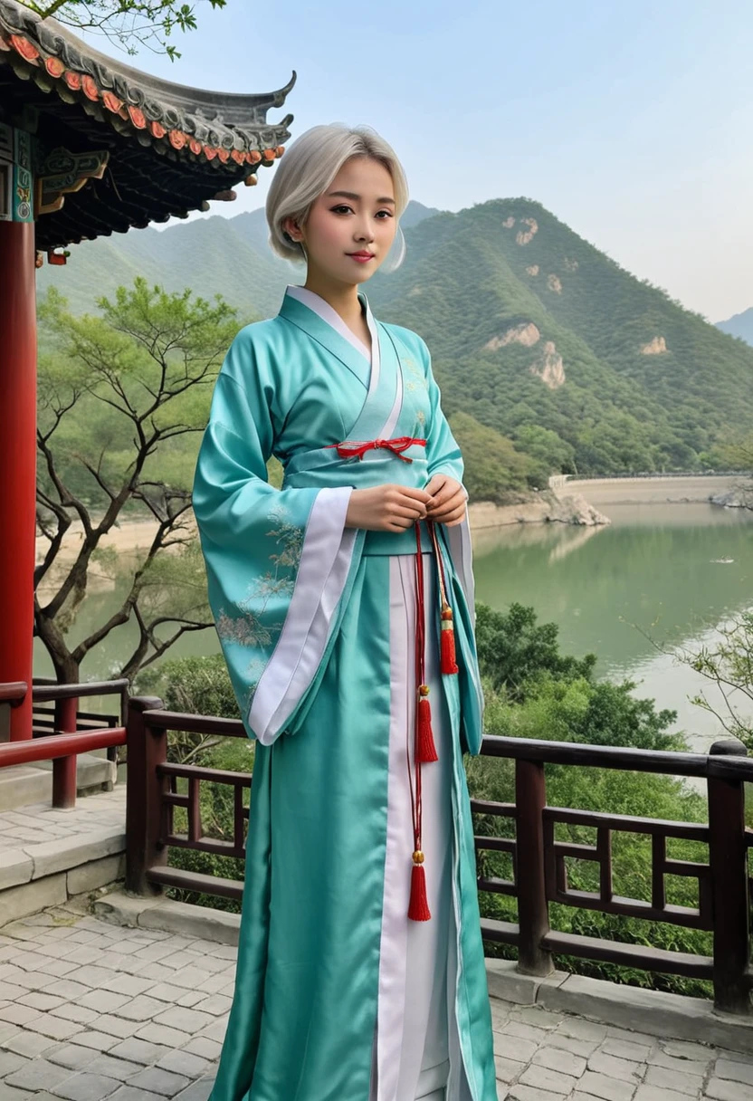 伝統的な中国の漢服を着た中学生の女の子のリアルな画像, 白い短い髪で,  形, 静かな屋外の環境に立つ, リアルなスタイル, 非常に詳細な
