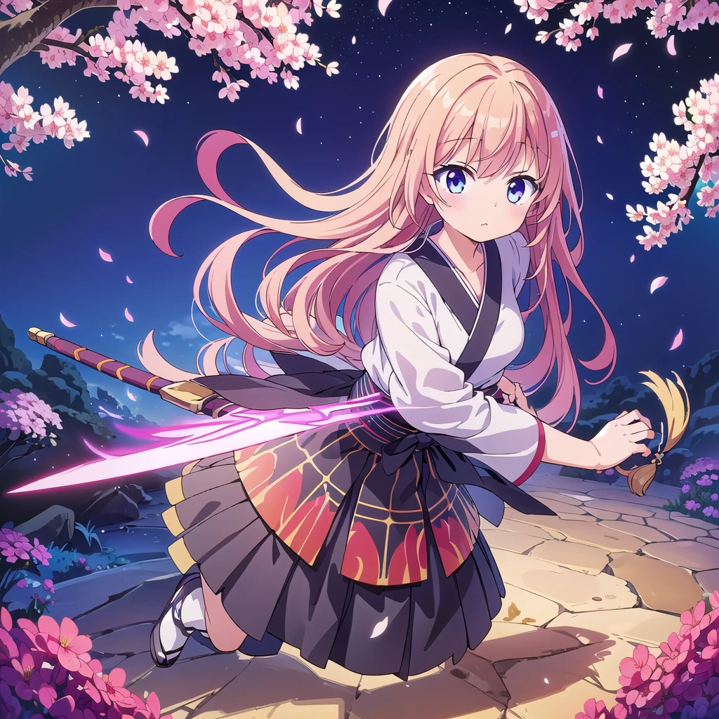 1girl,(((Highest quality、Official Art、The best composition、Masterpiece、Award-winning works)))、Serious expression、The moment the Japanese sword is swung down、ダイナミックなThe best composition、Super huge、detailed、whole body、Fractal art of cherry blossoms falling、hologram、An aura surrounds the person、