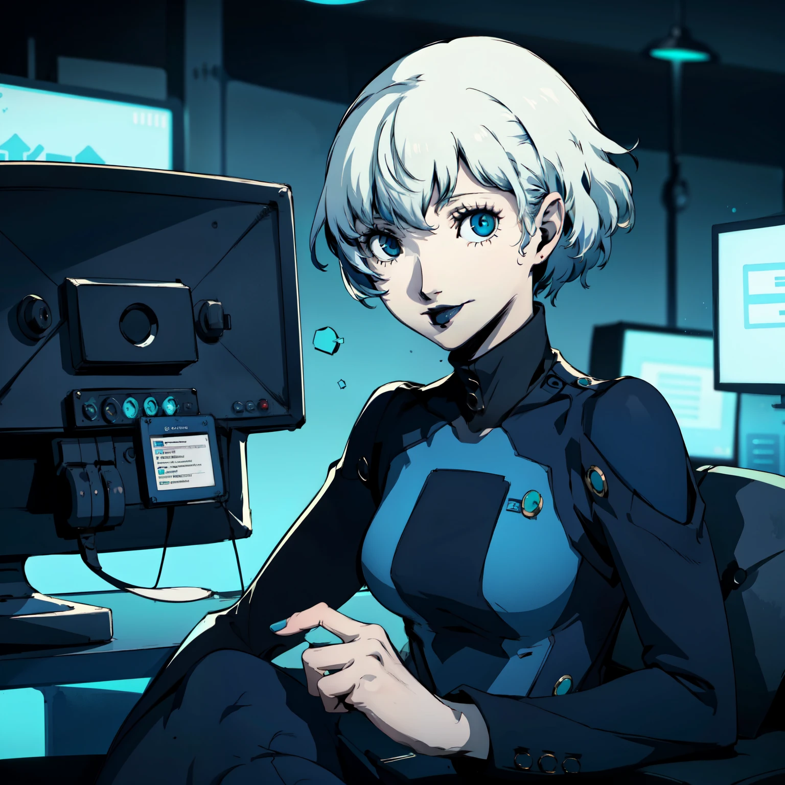 masterpiece, ((best quality)),((1 girl)), blue eyes, black lipstick, aqua hair, female , tomboy Pixie haircut, deep blue suit, white hair, white hair,smiling,hacker,in the,dark room,sitting,looking monitor,sexy