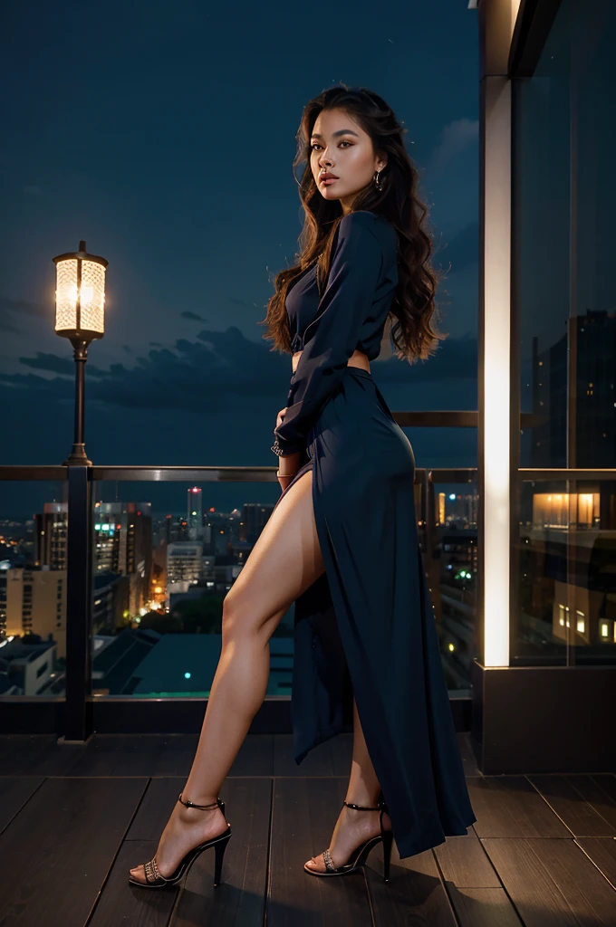 Full body high fashion, curly long hair, floating hair by the wind, extreme artistic, intricate poses, Incredible photorealistic high resolution camera pics in the style of gardenia of a luxury scenic at patio in rooftop with Jakarta city scape,view in the night and beautiful stylish decor night Life, realistic eyes, facial profile view, Head to toe, Full body, used high heels, used earrings, relaxed, at night Cinematic, ethereal, 900k photorealistic camera shot, young Asian who looks like 
An idol, strong but elegant, sophisticated modeling beautiful blue clothes in the style of wealthy appearance, at night, nightlife, glamour colors, backlit, soft light, dim light, hair light, epic lighting, natural colors, glamourous atmosphere, romantic vibes