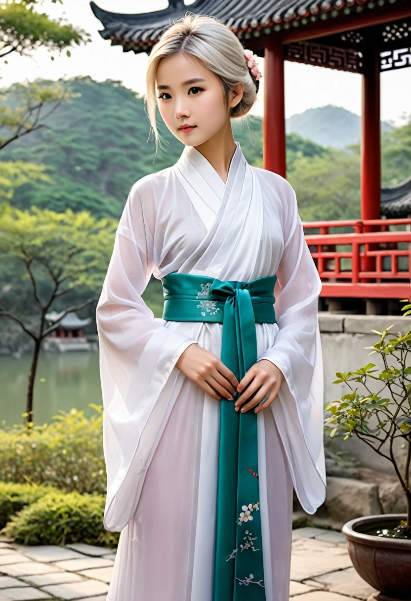 Uma imagem realista de uma jovem vestindo o tradicional hanfu chinês aberto com os seios para fora, com cabelo curto branco,  figura, em pé em um ambiente externo sereno, estilo realista, altamente detalhado,seios pequenos,pernas finas,mamilos,
