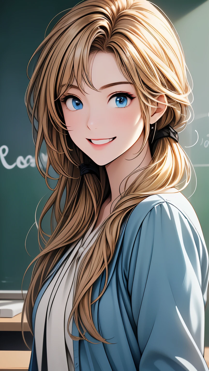 High resolution、High resolution、high quality、masterpiece、1 female、Ellen Baker、School teacher、blonde、blue eyes、Light blue suit、School classroom、Cute pose、blackboard、smile、((Depiction of only the upper body))、((Close-up of a woman))