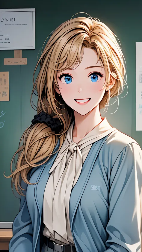 High resolution、High resolution、high quality、masterpiece、1 female、Ellen Baker、School teacher、blonde、blue eyes、Light blue suit、Sc...