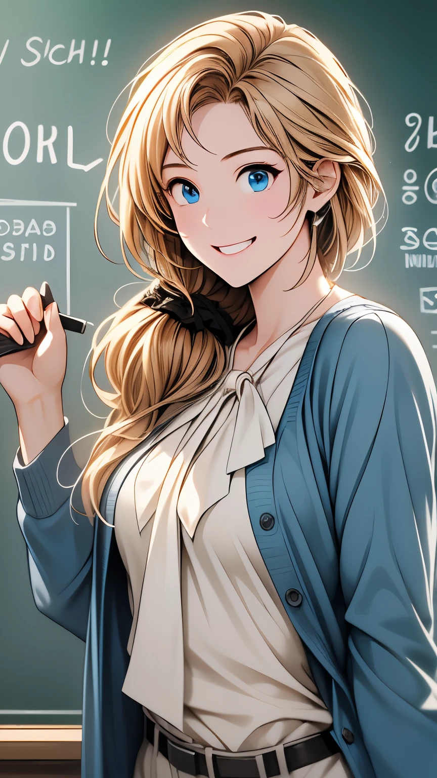 High resolution、High resolution、high quality、masterpiece、1 female、Ellen Baker、School teacher、blonde、blue eyes、Light blue suit、School classroom、Cute pose、blackboard、smile、((Depiction of only the upper body))、((Close-up of a woman))