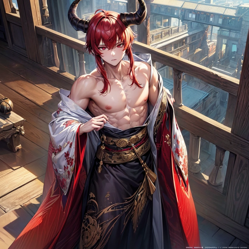 (masterpiece, top quality, best quality, official art, aesthetic:1.2), (1boy), boy, extremely detailed,(fractal art:1.2), highest detailed, wallpaper, ((predator pupils,red eyes)), short comma haircut, red hair, (black horns, horns towards the bangs), yukata outfit, (cowboy shot), in rooftop school, looking out