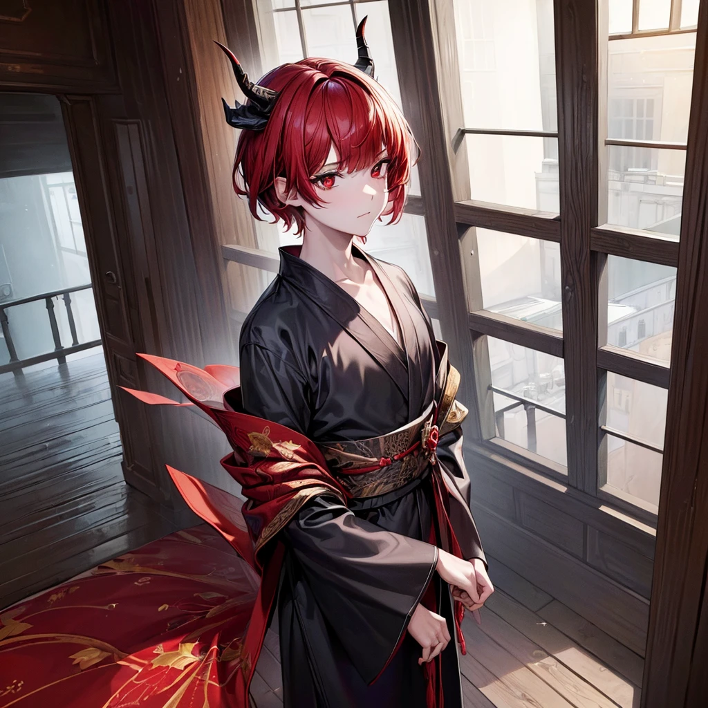 (masterpiece, top quality, best quality, official art, aesthetic:1.2), (1boy), boy, extremely detailed,(fractal art:1.2), highest detailed, wallpaper, ((predator pupils,red eyes)), short comma haircut, red hair, (black horns, horns towards the bangs), yukata outfit, (cowboy shot), in rooftop school, looking out