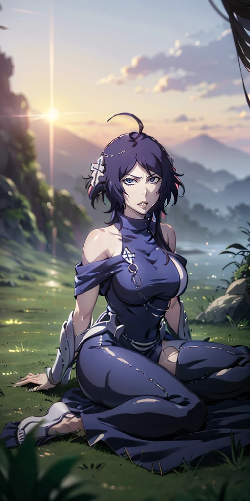 MC, ahoge, (long hari, purple hair:1.3), hair ornament, dark-blue eyes, breasts, epic art, fantasy, 1girl, grass, solo, barefoot, sitting, breasts, mountain, sunset, dress, bare_shoulders, outdoors, looking_at_viewer, off_shoulder, field, sky, lake, collarbone, mountainous_horizon, indian_style, twilight, tree, black_dress, large_breasts, scenery, medium_breasts, feet, off-shoulder_dress, (bokeh:1.3), rock, hollow eyes, bright pupils, dark-blue eyes, looking at viewer. (glowing eyes:1.3), heavy breathing, smirk, upper teeth,
