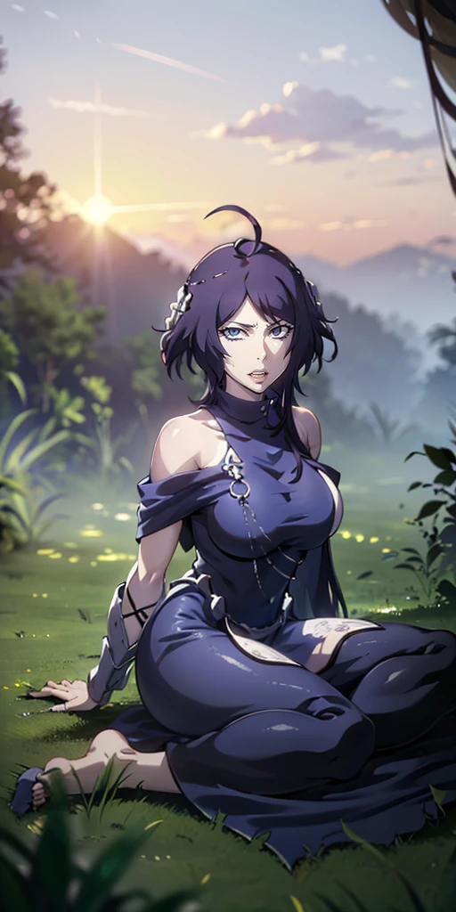 MC, ahoge, (long hari, purple hair:1.3), hair ornament, dark-blue eyes, breasts, epic art, fantasy, 1girl, grass, solo, barefoot, sitting, breasts, mountain, sunset, dress, bare_shoulders, outdoors, looking_at_viewer, off_shoulder, field, sky, lake, collarbone, mountainous_horizon, indian_style, twilight, tree, black_dress, large_breasts, scenery, medium_breasts, feet, off-shoulder_dress, (bokeh:1.3), rock, hollow eyes, bright pupils, dark-blue eyes, looking at viewer. (glowing eyes:1.3), heavy breathing, smirk, upper teeth,
