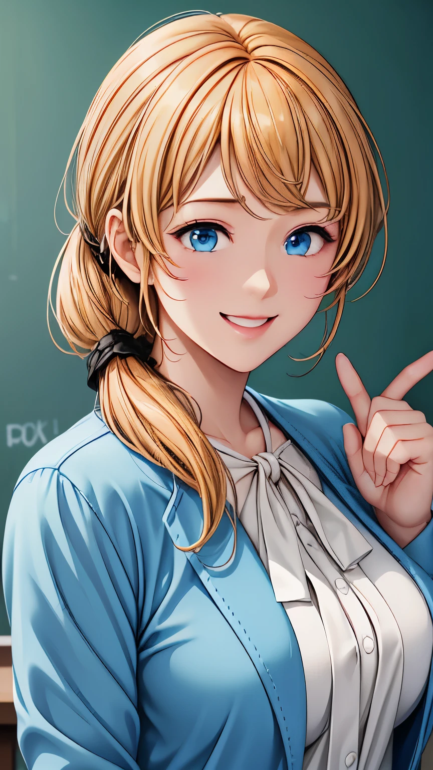 High resolution、High resolution、high quality、masterpiece、1 female、Ellen Baker、School teacher、blonde、blue eyes、Light blue suit、School classroom、Cute pose、blackboard、smile、((Depiction of only the upper body))、((Close-up of a woman))