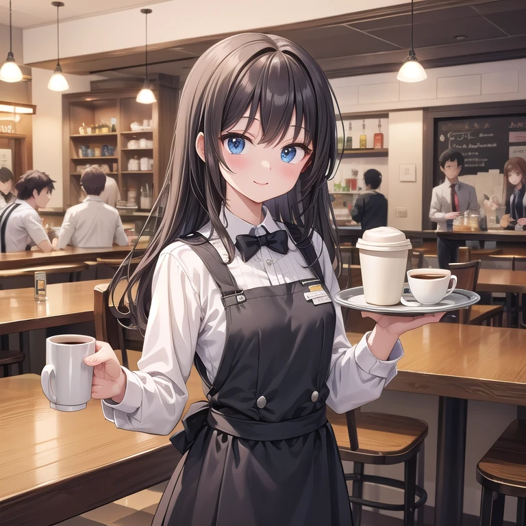 Estilo de anime dos anos 20、Trabalho de meio período como garçonete em um restaurante familiar、O uniforme é uma saia xadrez e uma camisa branca.、Uma cena de um homem carregando café em uma bandeja、Cena de café no fundo、Olhar alegre e enérgico
