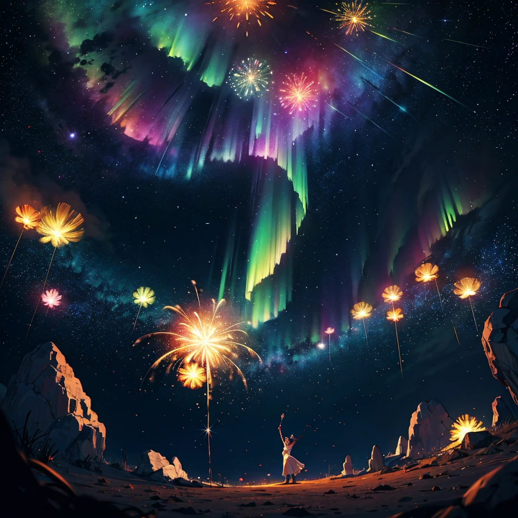 "This is a stunning 8k original image masterpiece，It depicts a Q-version astronaut surrounded by a stunning starry sky., Vibrant aerial fireworks,Astronauts dancing on the moon while listening to MP3， and the spectacle of the aurora dancing in the Milky Way. This official artwork captures the beauty, Aesthetic, And use the fisheye lens effect to create festive animations. This is really a top-notch、The best quality depiction of the star&#39;s dream world."