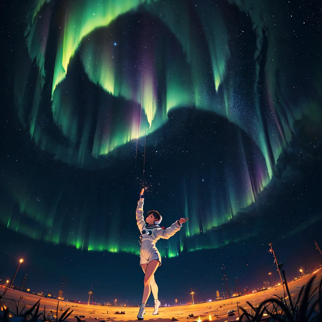 "This is a stunning 8k original image masterpiece，It depicts a Q-version astronaut surrounded by a stunning starry sky., Vibrant aerial fireworks,Astronauts dancing on the moon while listening to MP3， and the spectacle of the aurora dancing in the Milky Way. This official artwork captures the beauty, Aesthetic, And use the fisheye lens effect to create festive animations. This is really a top-notch、The best quality depiction of the star&#39;s dream world."